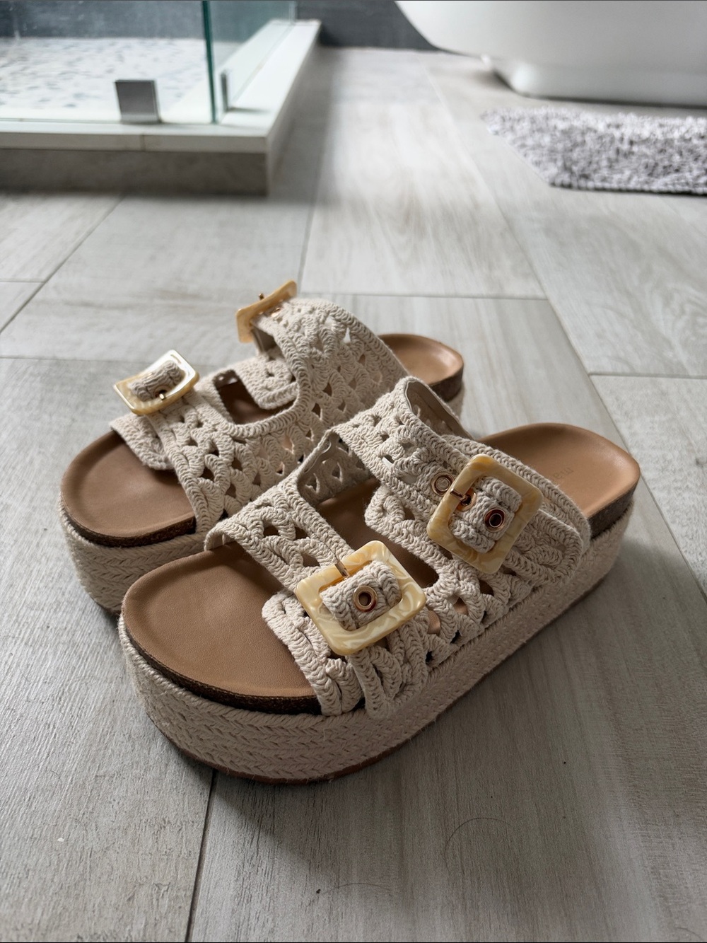 Madden Girl Cream Crochet Platform Slide Sandals with Buckles